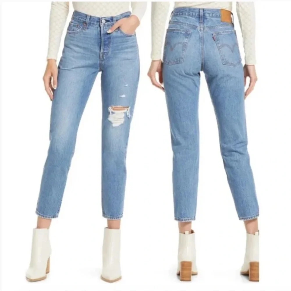 Levi's Wedgie Icon Ankle Medium Blue High-Rise Distressed Jeans - Picture 13 of 15